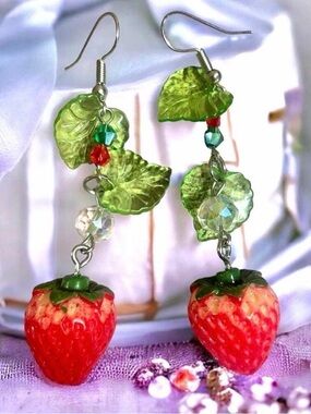 Playful Strawberry Dangle Earrings with Green Leaf Accents - Women Jewelry